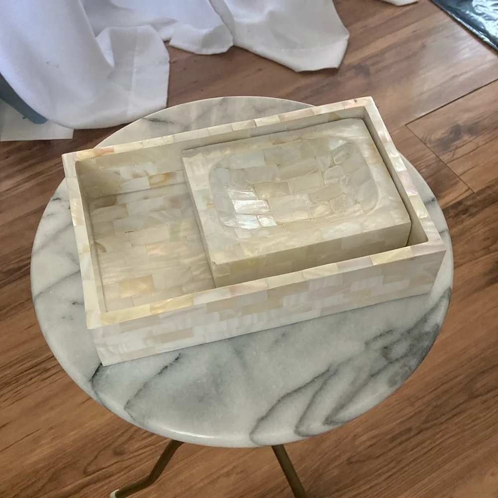 Vintage iridescent shell bathroom set tray and soap tray
